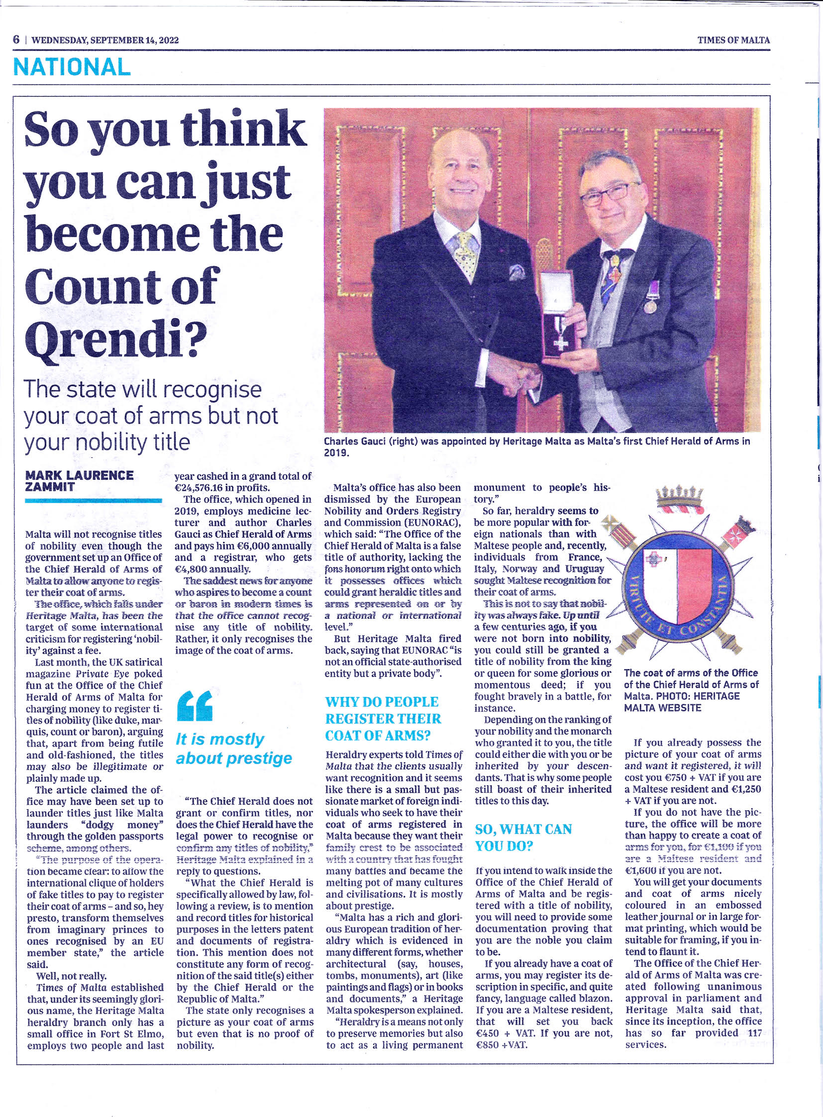 Read more about the article Times of Malta Article 14th September 2022